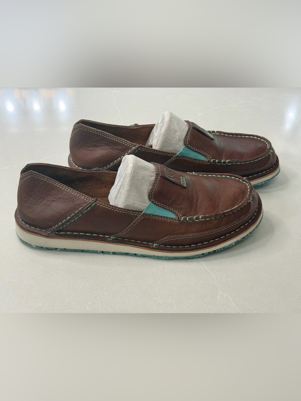 Ariat Eco Cruiser Brown Leather Slip-On Loafers Teal Stitching Women's Size 11B